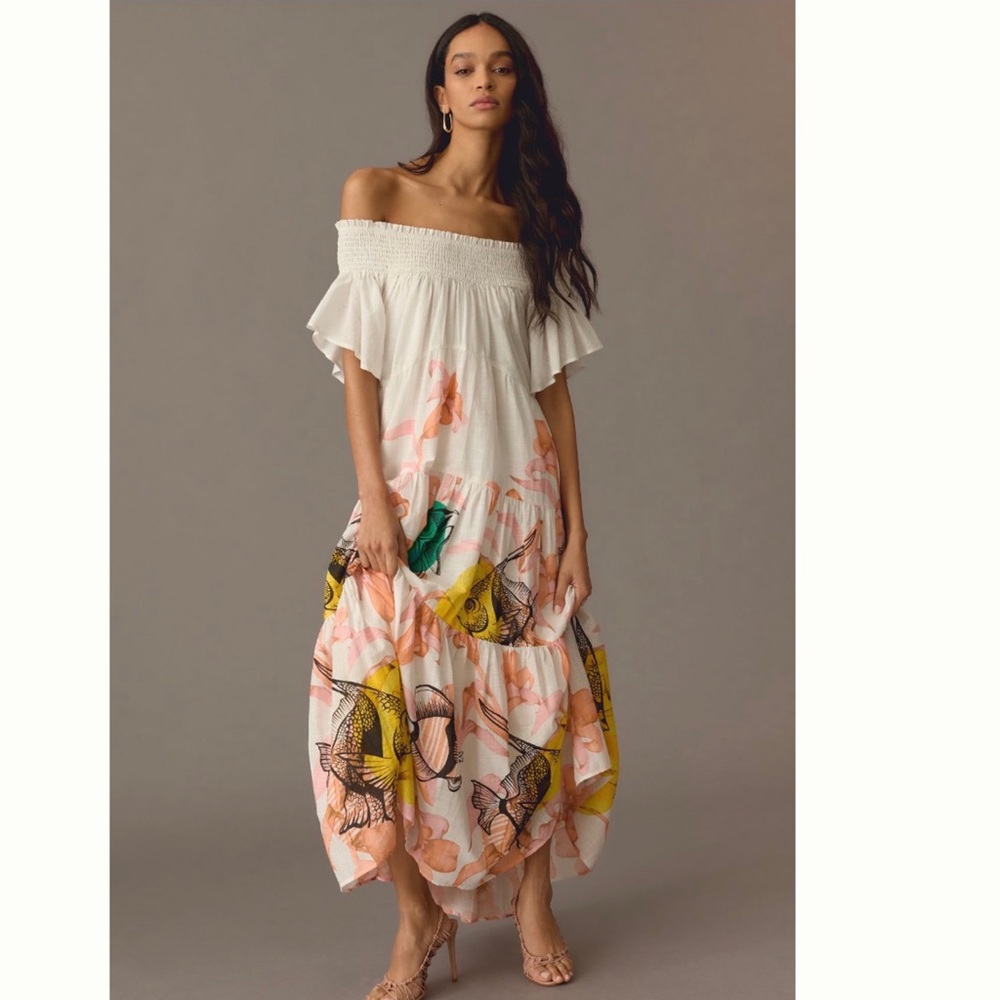 NWT Anthropologie Pia Binazzi Tiered Off-The-Shoulder Cotton Dress size L